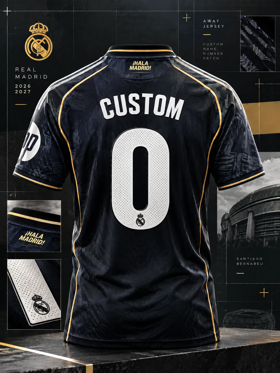 Black Real Madrid custom football jersey with custom name and number zero